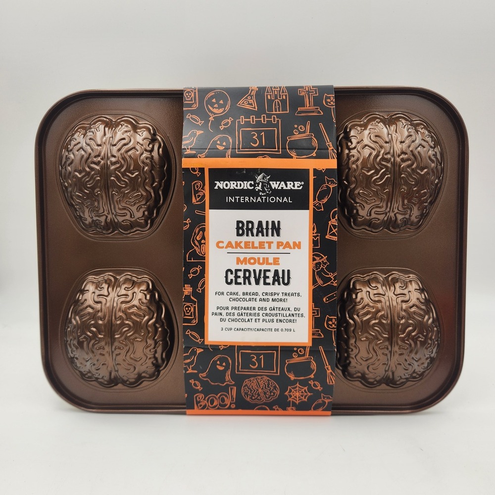 Nordic Ware Brain Cakelet Pan Halloween 6 Cavity Nonstick Bronze 3 Cup Capacity